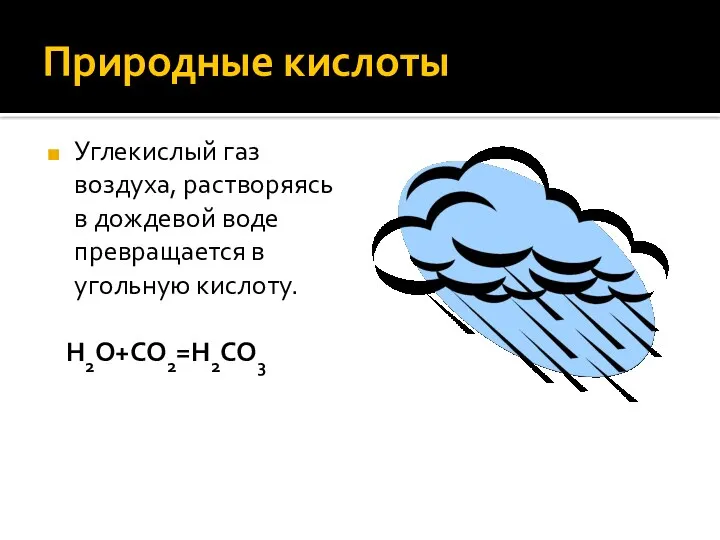 Природные кислоты Углекислый газ воздуха, растворяясь в дождевой воде превращается в угольную кислоту. Н2О+СО2=Н2СО3