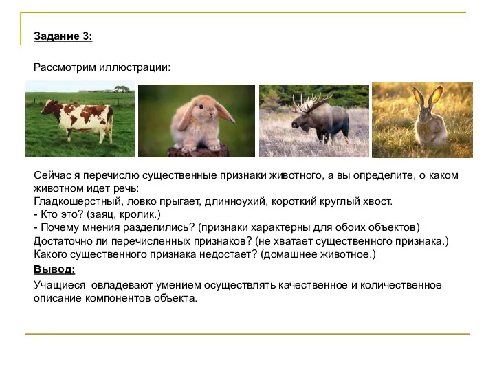 Задание 3: Рассмотрим иллюстрации: Сейчас я перечислю существенные признаки животного, а вы определите,
