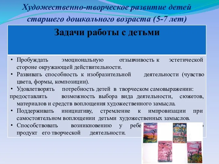 Художественно-творческое развитие детей старшего дошкольного возраста (5-7 лет)