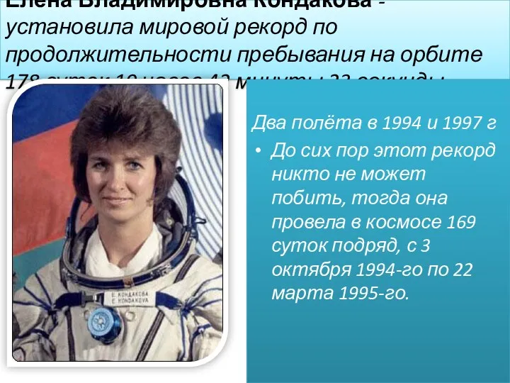Елена Владимировна Кондакова -установила мировой рекорд по продолжительности пребывания на орбите 178 суток