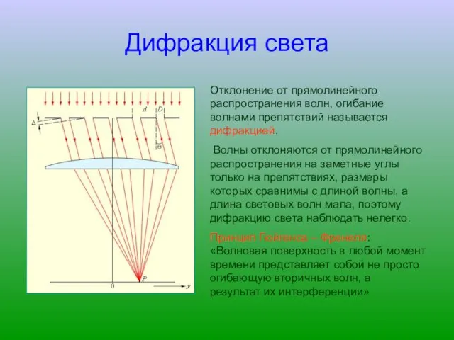 Дифракция света Отклонение от прямолинейного распространения волн, огибание волнами препятствий