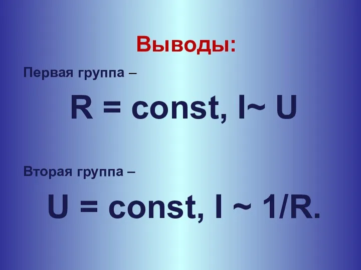 Выводы: Первая группа – R = const, I~ U Вторая