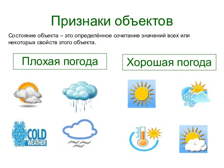 Признаки объектов Состояние объекта – это определённое сочетание значений всех