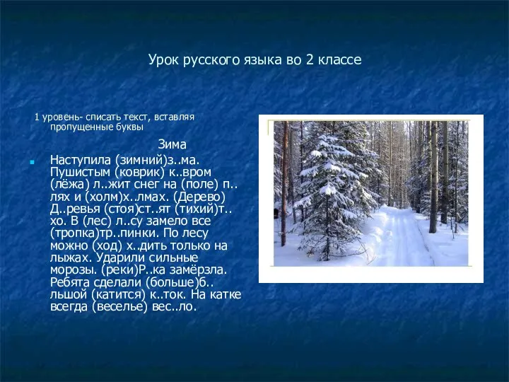 Урок русского языка во 2 классе 1 уровень- списать текст,