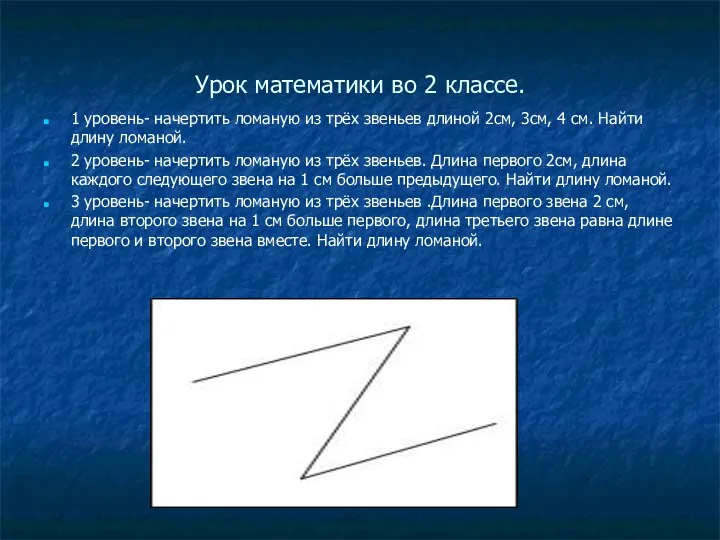 Урок математики во 2 классе. 1 уровень- начертить ломаную из