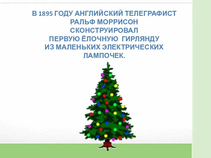 В 1895 году английский телеграфист Ральф Моррисон Сконструировал первую ёлочную Гирлянду из маленьких электрических Лампочек.