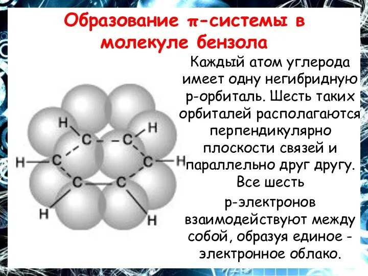 Образование π-системы в молекуле бензола Каждый атом углерода имеет одну