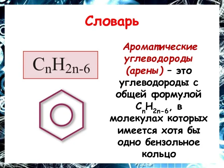 Словарь Ароматические углеводороды (арены) – это углеводороды с общей формулой