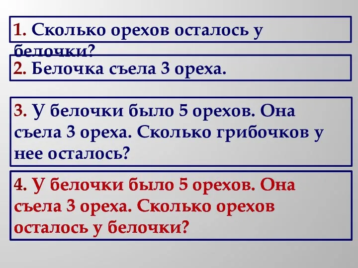 1. Сколько орехов осталось у белочки? 2. Белочка съела 3 ореха. 3. У