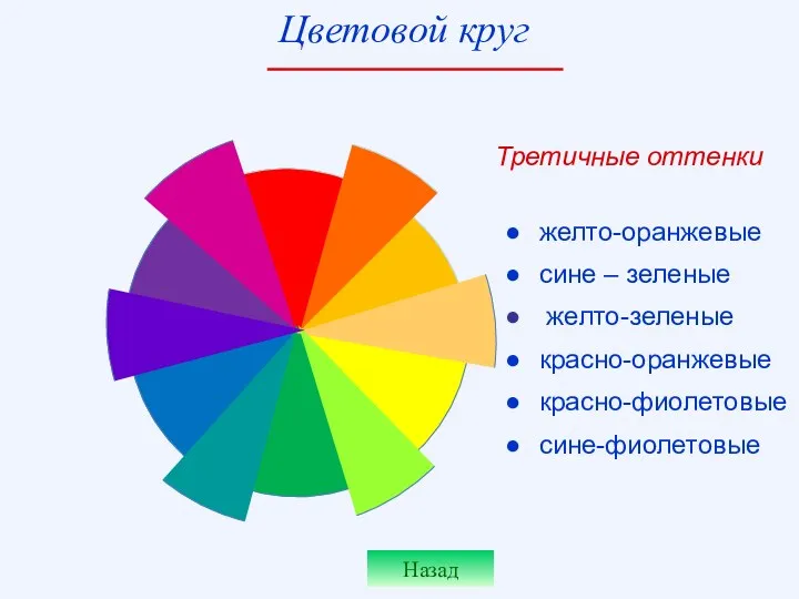 желто-оранжевые сине – зеленые желто-зеленые красно-оранжевые красно-фиолетовые сине-фиолетовые Третичные оттенки Назад Цветовой круг