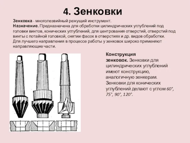 4. Зенковки Зенковка - многолезвийный режущий инструмент. Назначение. Предназначена для