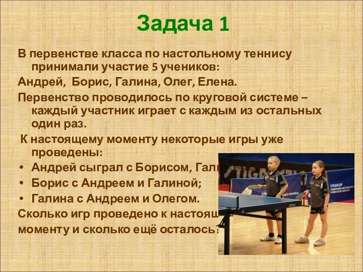 Задача 1 В первенстве класса по настольному теннису принимали участие 5 учеников: Андрей,