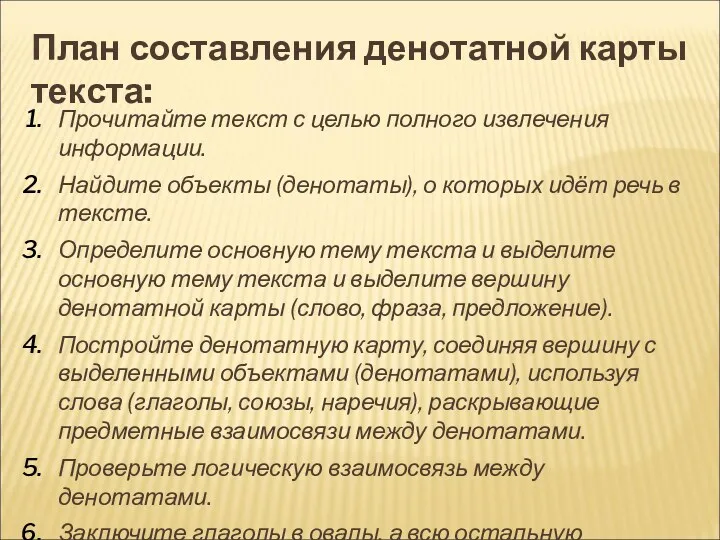 План составления денотатной карты текста: Прочитайте текст с целью полного извлечения информации. Найдите