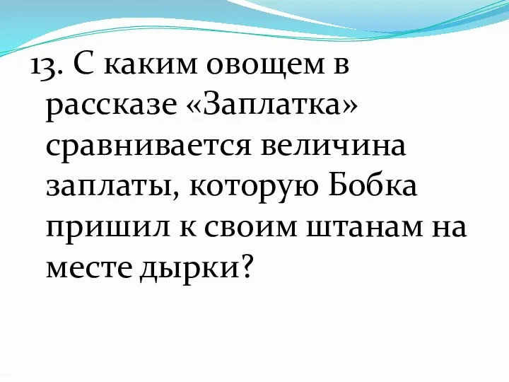 13. С каким овощем в рассказе «Заплатка» сравнивается величина заплаты,