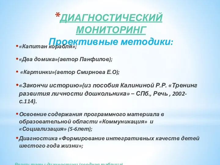 ДИАГНОСТИЧЕСКИЙ МОНИТОРИНГ Проективные методики: «Капитан корабля»; «Два домика»(автор Панфилов); «Картинки»(автор