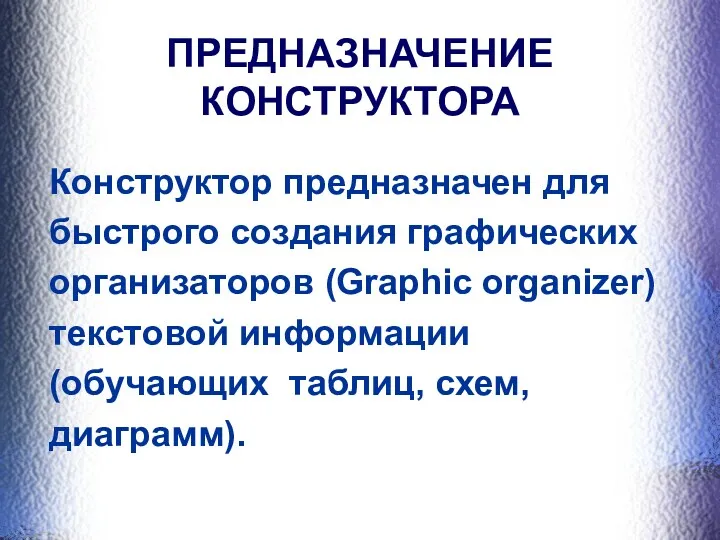 ПРЕДНАЗНАЧЕНИЕ КОНСТРУКТОРА Конструктор предназначен для быстрого создания графических организаторов (Graphic