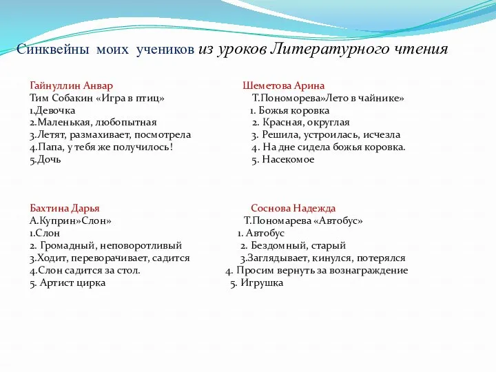 Синквейны моих учеников из уроков Литературного чтения Гайнуллин Анвар Шеметова Арина Тим Собакин