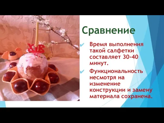 Сравнение Время выполнения такой салфетки составляет 30-40 минут. Функциональность несмотря на изменение конструкции