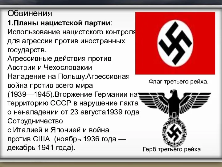 Обвинения 1.Планы нацистской партии: Использование нацистского контроля для агрессии против