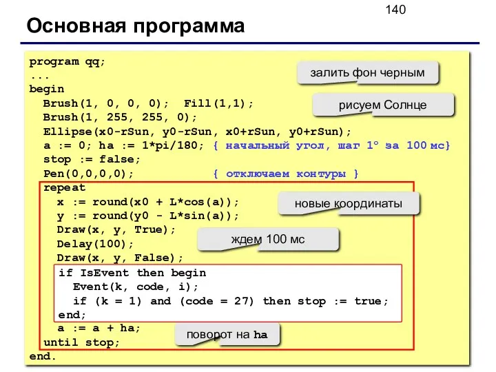 Основная программа program qq; ... begin Brush(1, 0, 0, 0);