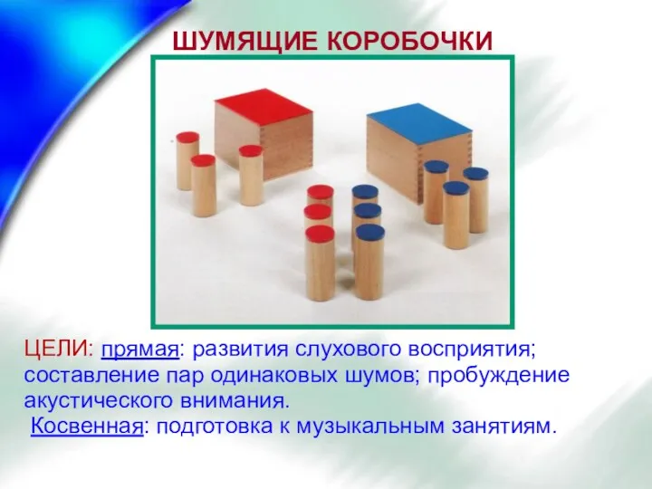 ЦЕЛИ: прямая: развития слухового восприятия; составление пар одинаковых шумов; пробуждение