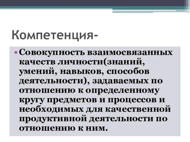 Компетенция- Совокупность взаимосвязанных качеств личности(знаний, умений, навыков, способов деятельности), задаваемых