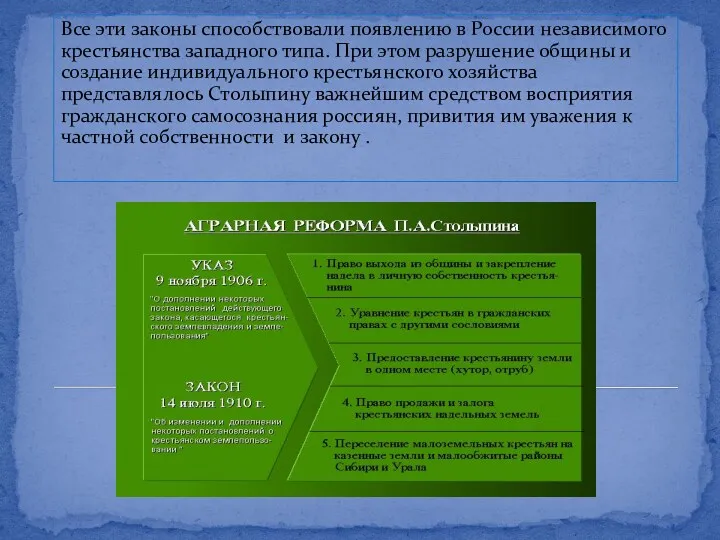 Все эти законы способствовали появлению в России независимого крестьянства западного
