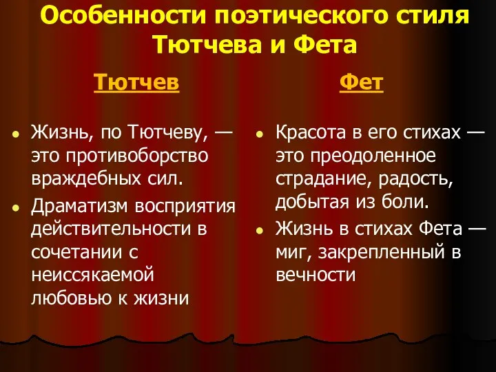 Особенности поэтического стиля Тютчева и Фета Тютчев Жизнь, по Тютчеву,