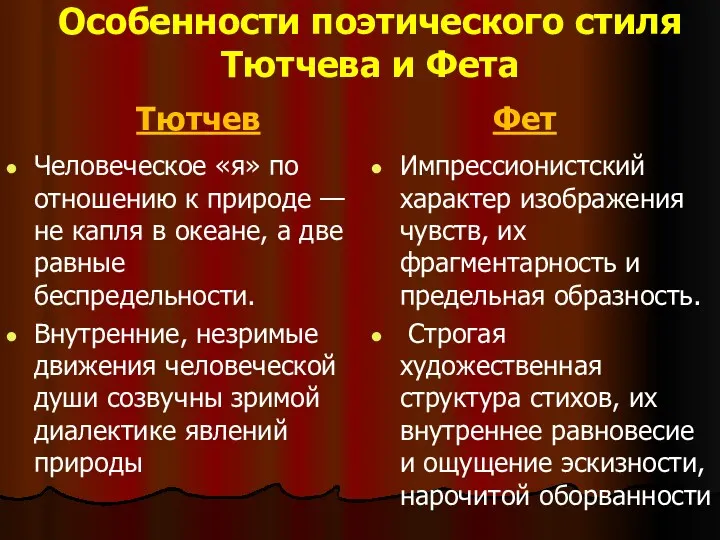 Особенности поэтического стиля Тютчева и Фета Тютчев Человеческое «я» по