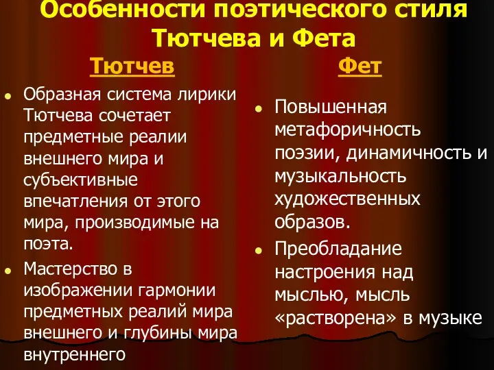 Особенности поэтического стиля Тютчева и Фета Тютчев Образная система лирики