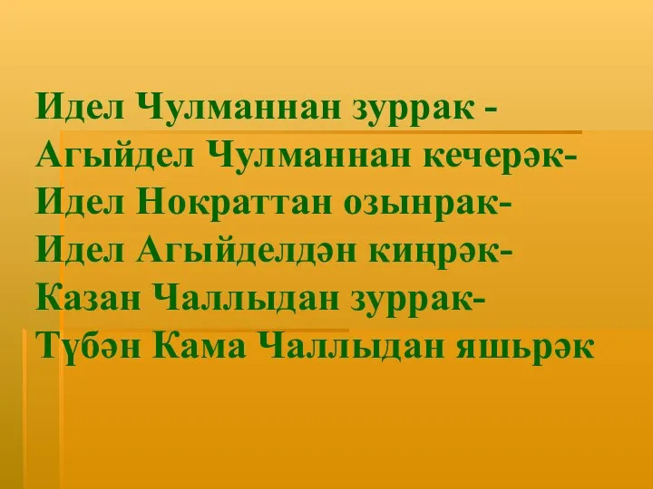 Идел Чулманнан зуррак - Агыйдел Чулманнан кечерәк- Идел Нократтан озынрак-