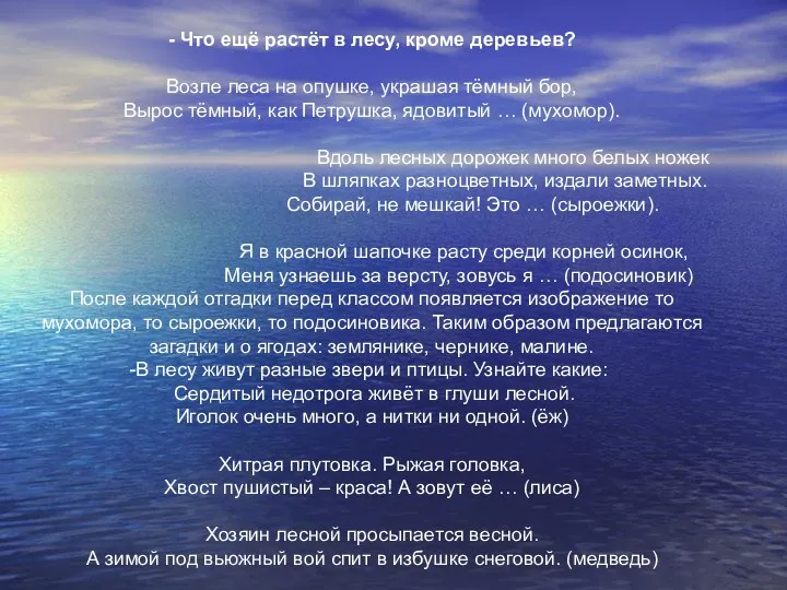 - Что ещё растёт в лесу, кроме деревьев? Возле леса