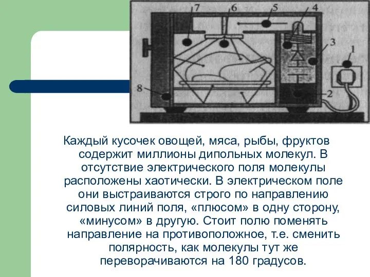 Каждый кусочек овощей, мяса, рыбы, фруктов содержит миллионы дипольных молекул.