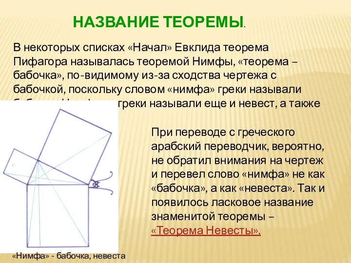 В некоторых списках «Начал» Евклида теорема Пифагора называлась теоремой Нимфы, «теорема – бабочка»,