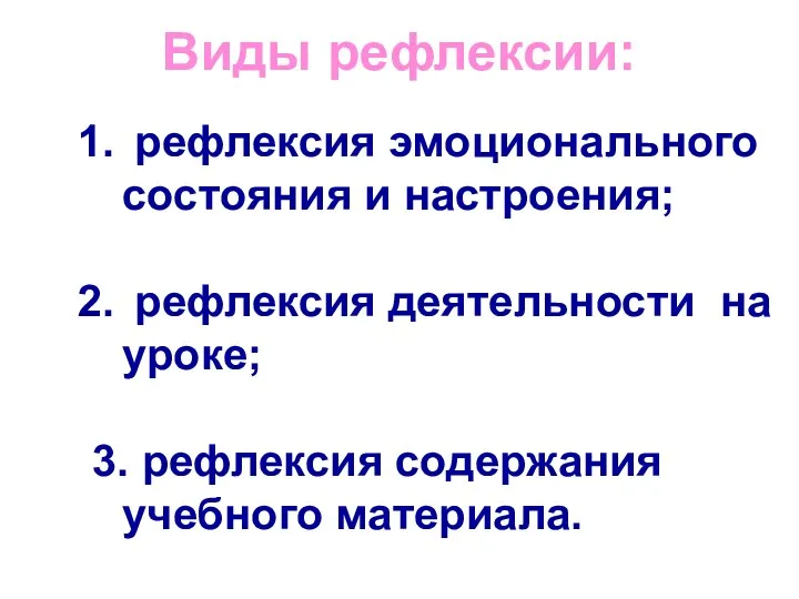 Виды рефлексии: рефлексия эмоционального состояния и настроения; рефлексия деятельности на уроке; 3. рефлексия содержания учебного материала.