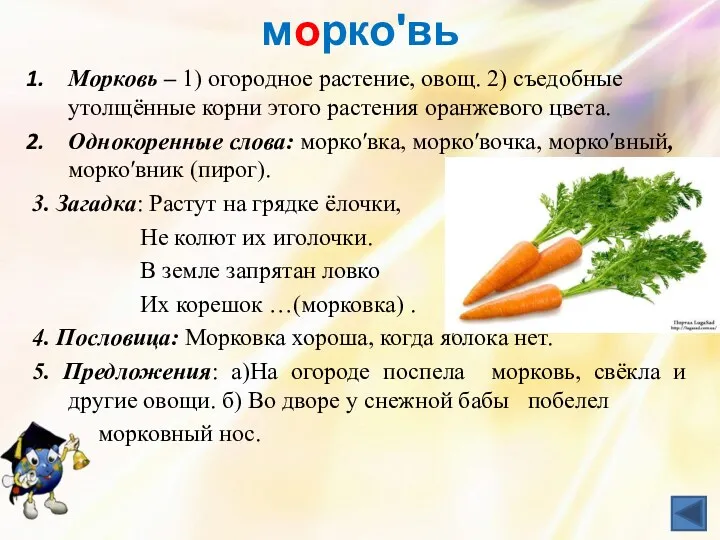 моркоʹвь Морковь – 1) огородное растение, овощ. 2) съедобные утолщённые корни этого растения