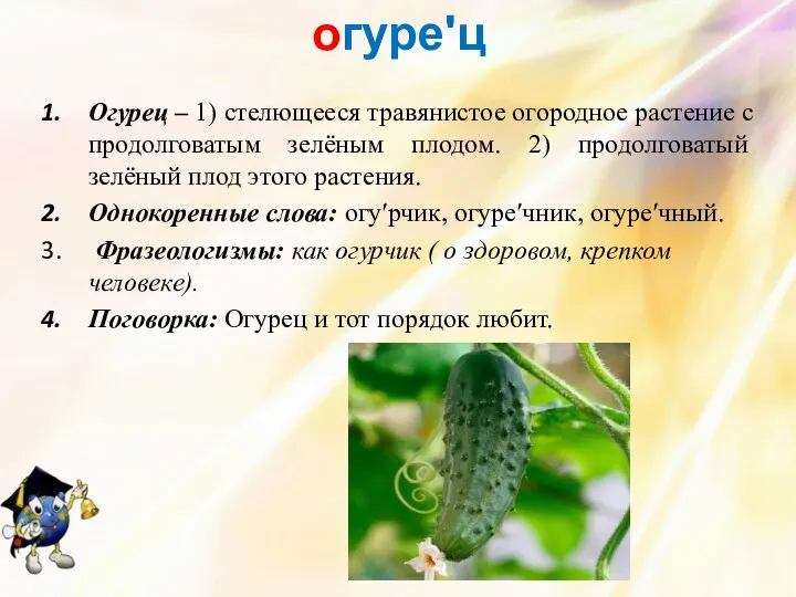 огуреʹц Огурец – 1) стелющееся травянистое огородное растение с продолговатым зелёным плодом. 2)