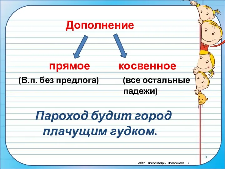 Дополнение прямое косвенное (В.п. без предлога) (все остальные падежи) Пароход будит город плачущим гудком.