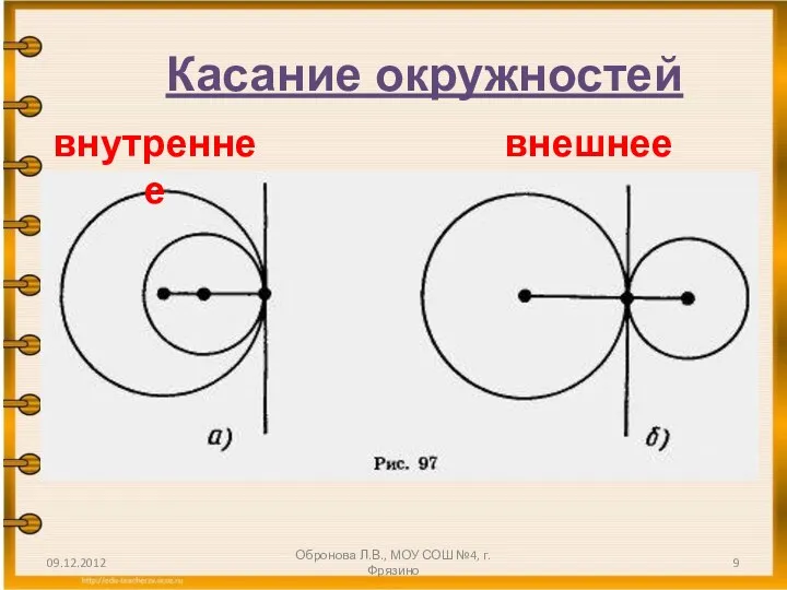 Касание окружностей внутреннее внешнее 09.12.2012 Обронова Л.В., МОУ СОШ №4, г.Фрязино