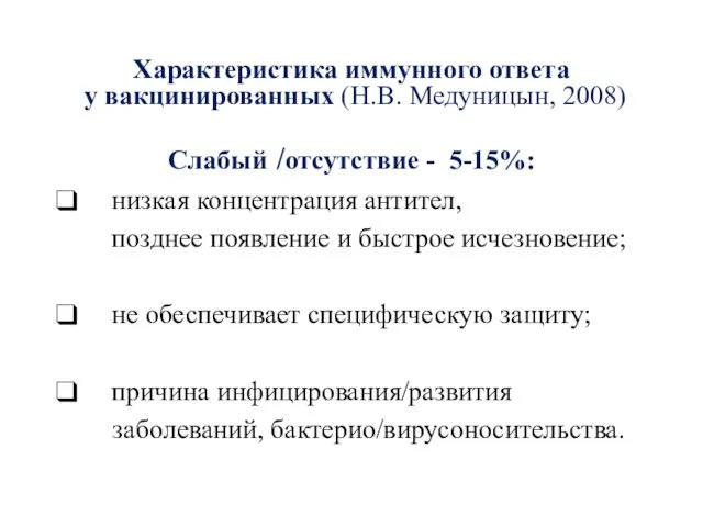 Слабый /отсутствие - 5-15%: низкая концентрация антител, позднее появление и