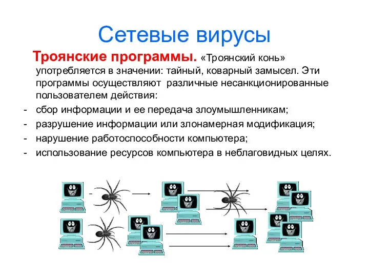 Сетевые вирусы Троянские программы. «Троянский конь» употребляется в значении: тайный, коварный замысел. Эти