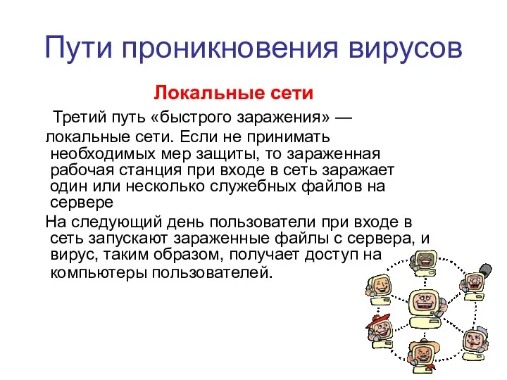 Пути проникновения вирусов Локальные сети Третий путь «быстрого заражения» — локальные сети. Если