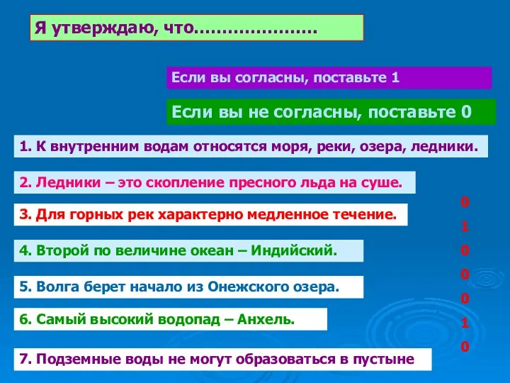 Я утверждаю, что…………………. Если вы согласны, поставьте 1 Если вы