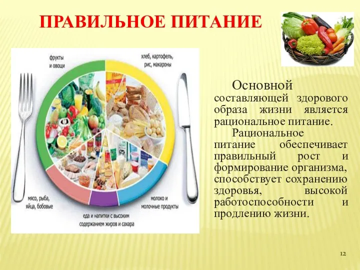 Правильное питание Основной составляющей здорового образа жизни является рациональное питание.