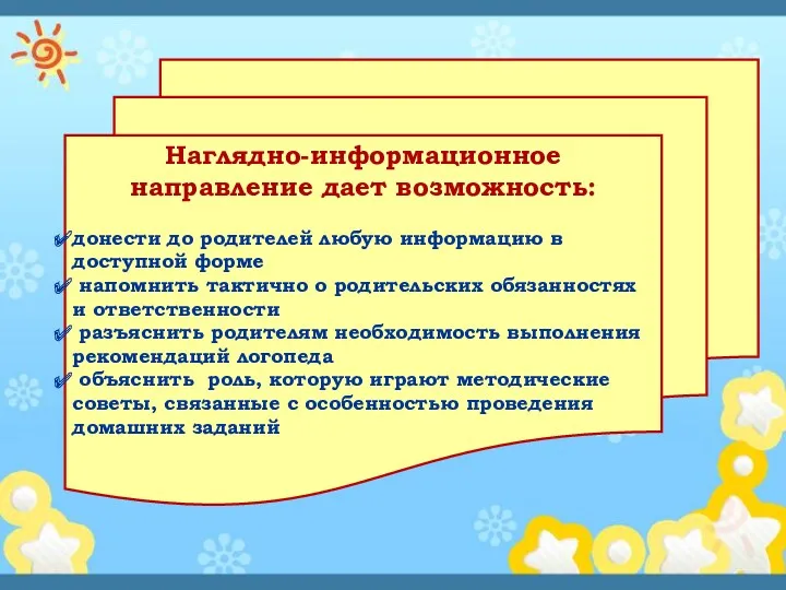 Наглядно-информационное направление дает возможность: донести до родителей любую информацию в