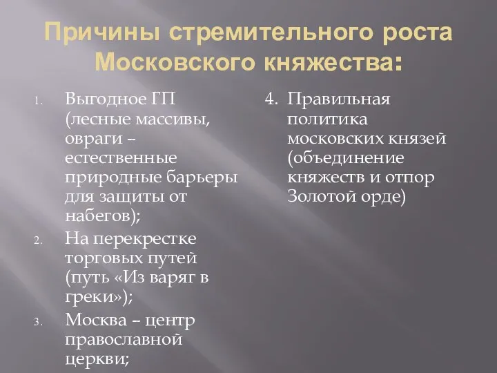 Причины стремительного роста Московского княжества: Выгодное ГП (лесные массивы, овраги