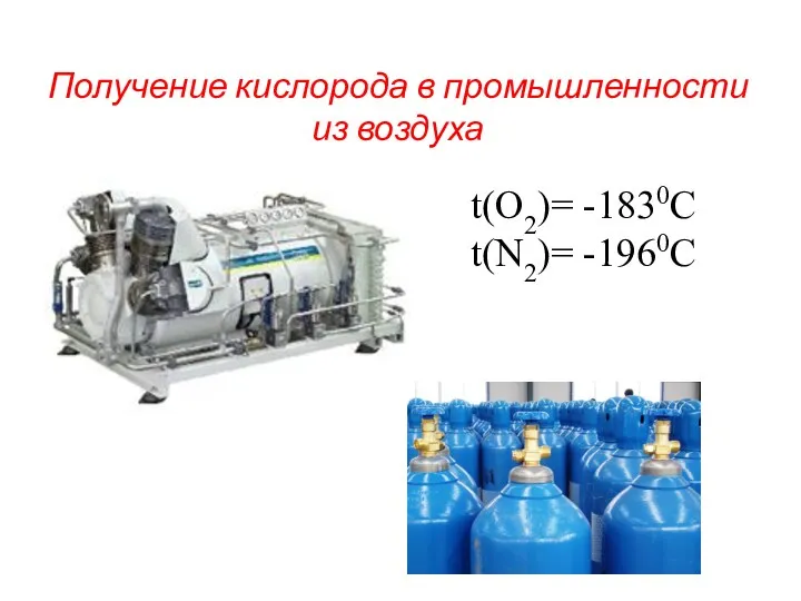 Получение кислорода в промышленности из воздуха t(О2)= -1830С t(N2)= -1960С