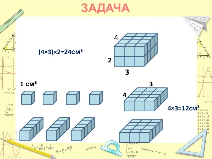 ЗАДАЧА 1 см³ 4 3 3 3 2 4×3=12cм³ (4×3)×2=24см³ 4
