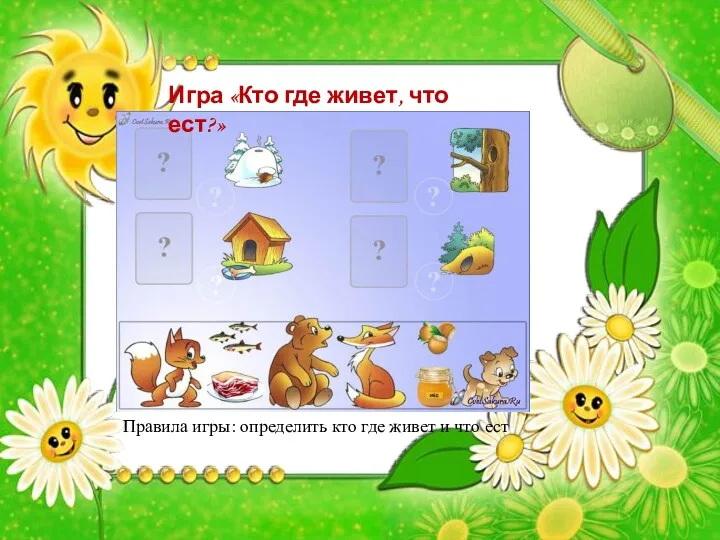 Игра «Кто где живет, что ест?» Правила игры: определить кто где живет и что ест