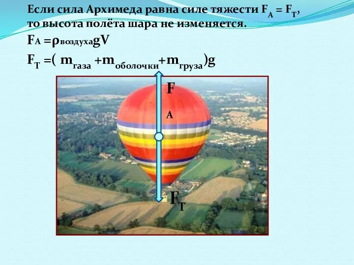 Если сила Архимеда равна силе тяжести FA = FТ, то